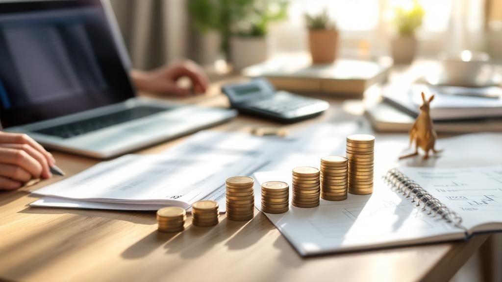 Stacked coins on financial documents with a person working at a desk, symbolising small business tax planning and financial growth.