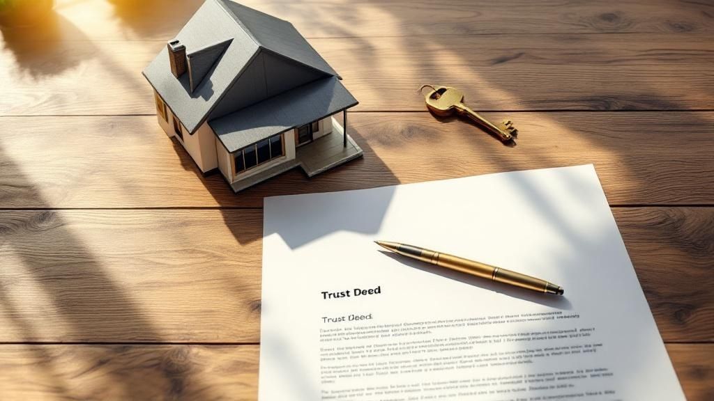 Miniature house model and pen placed on a trust deed document on a wooden desk