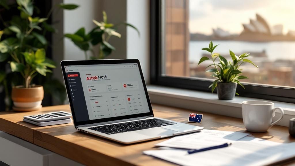 A laptop displaying the Airbnb homepage on a desk with indoor plants and a coffee mug — representing home-based Airbnb hosting and income management.