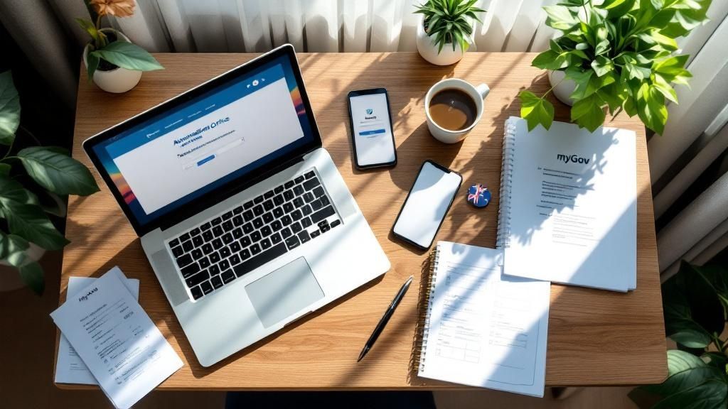 Workspace setup with laptop, tax forms, notepad and coffee cup
