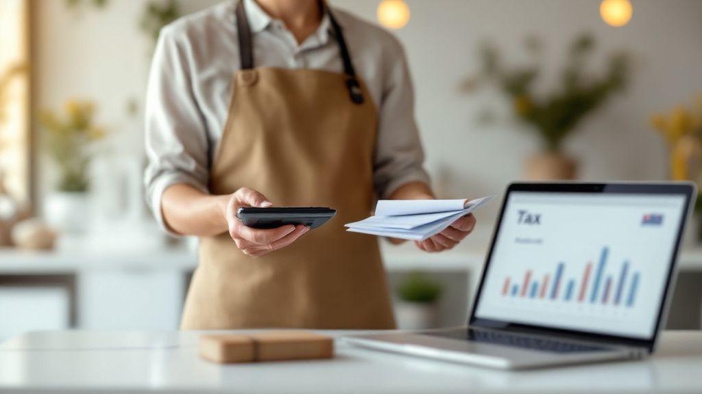 Person in apron holding a receipt and a tablet in front of tax graphs at a retail business