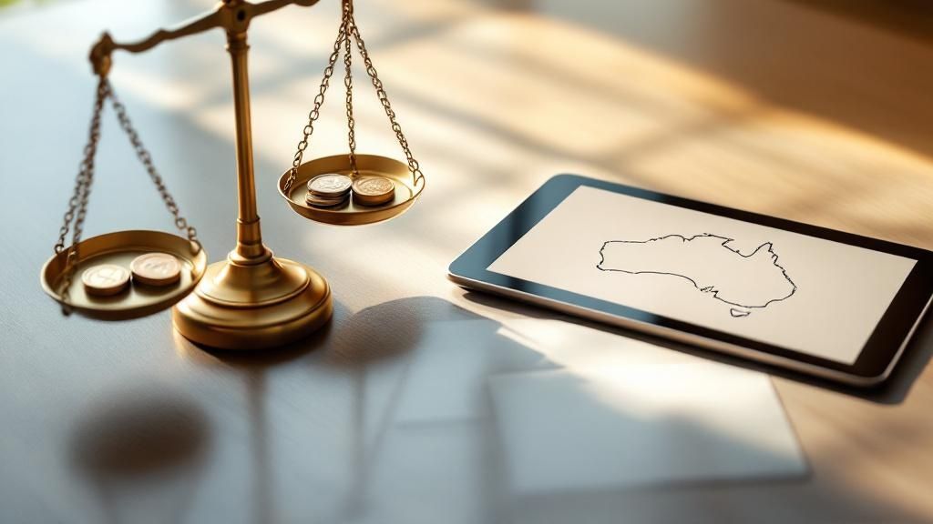Scales of justice next to a smartphone displaying a map of Australia