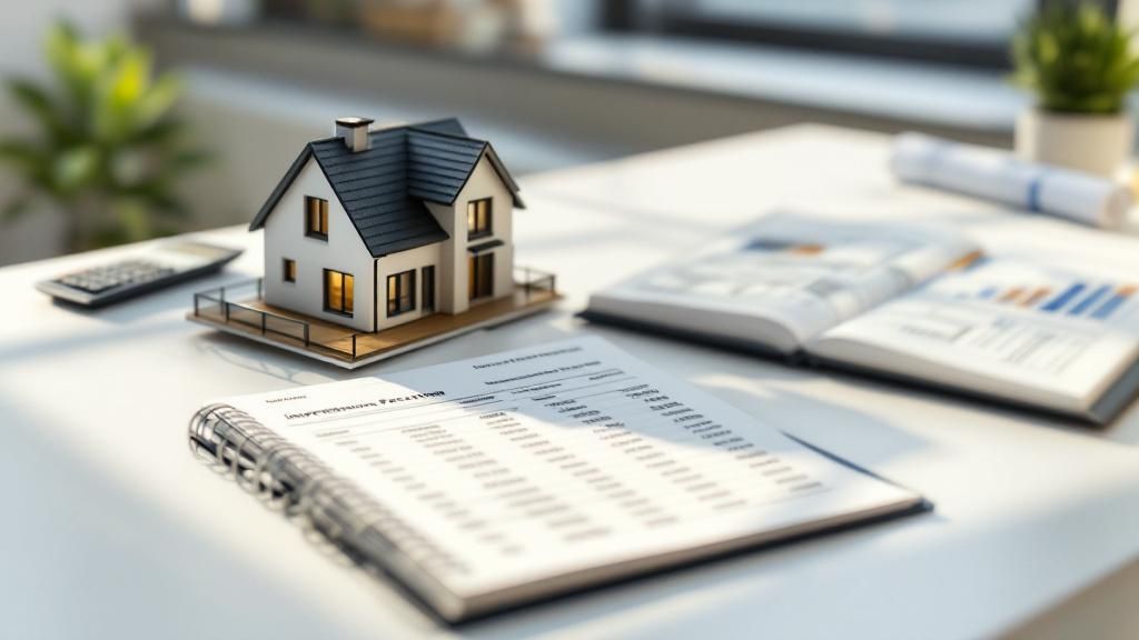 A miniature house model placed on financial documents and a calculator, representing property investment and tax planning.
