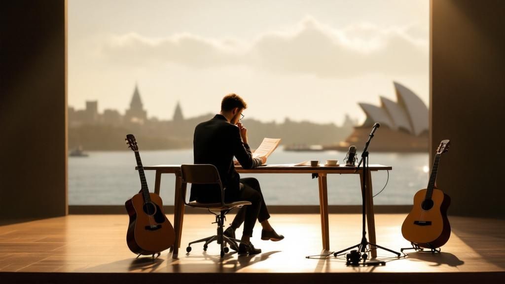 A musician sitting with guitars on a stage overlooking a city skyline at sunset