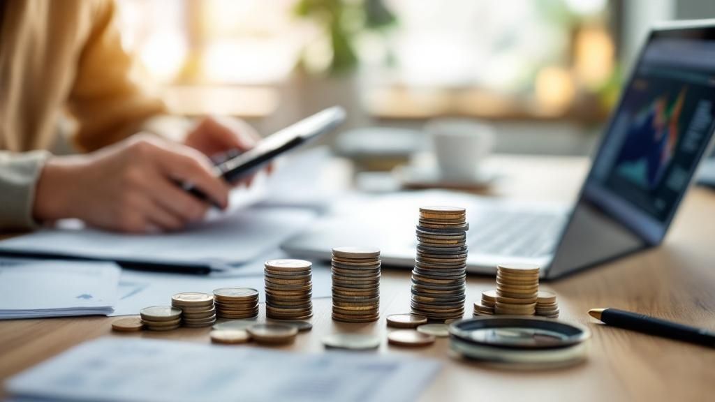 Small business owner working on tax documents with a laptop, calculator, and stacked coins on the table" Let me know if you'd like a more detailed or simplified version!