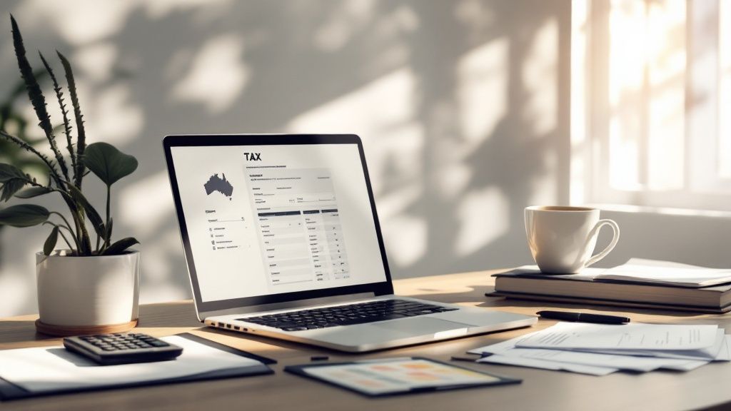 Laptop on a desk with tax documents and coffee mug in morning sunlight