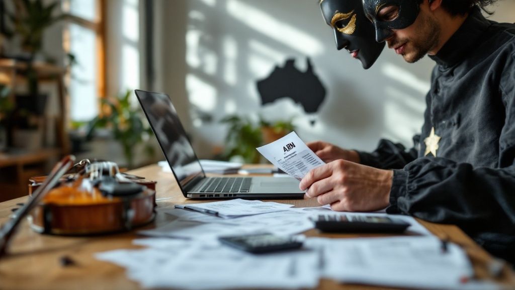 A person using a smartphone while working on a laptop at a cozy desk