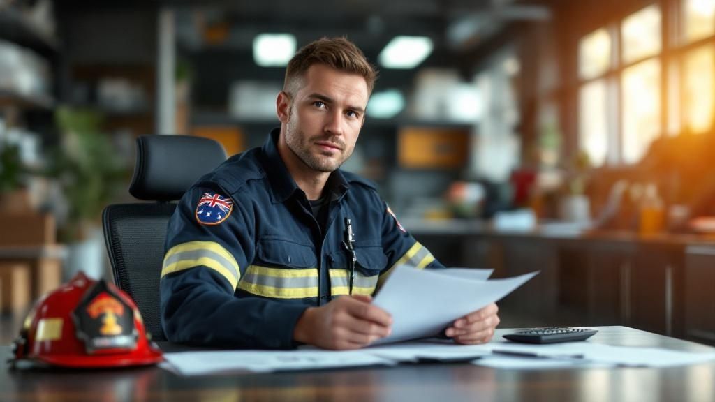 A firefighter in uniform sitting at a desk reviewing documents in a fire station office
