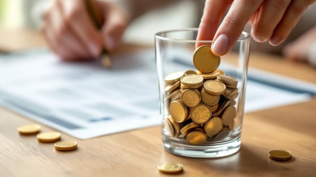 Hand placing coins into a glass jar, representing savings or tax refund