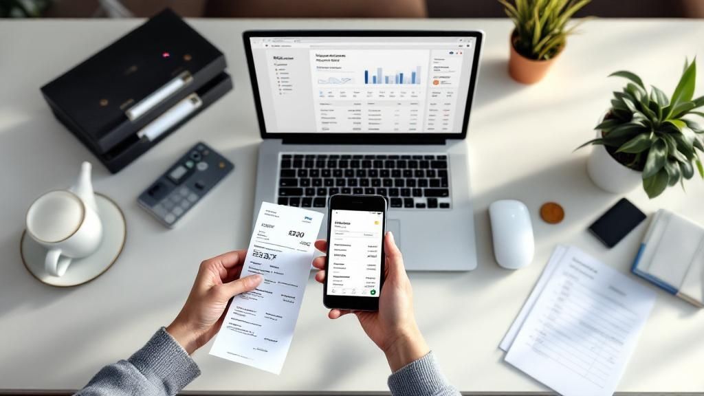 Person holding a smartphone in front of a laptop with accounting software and financial documents