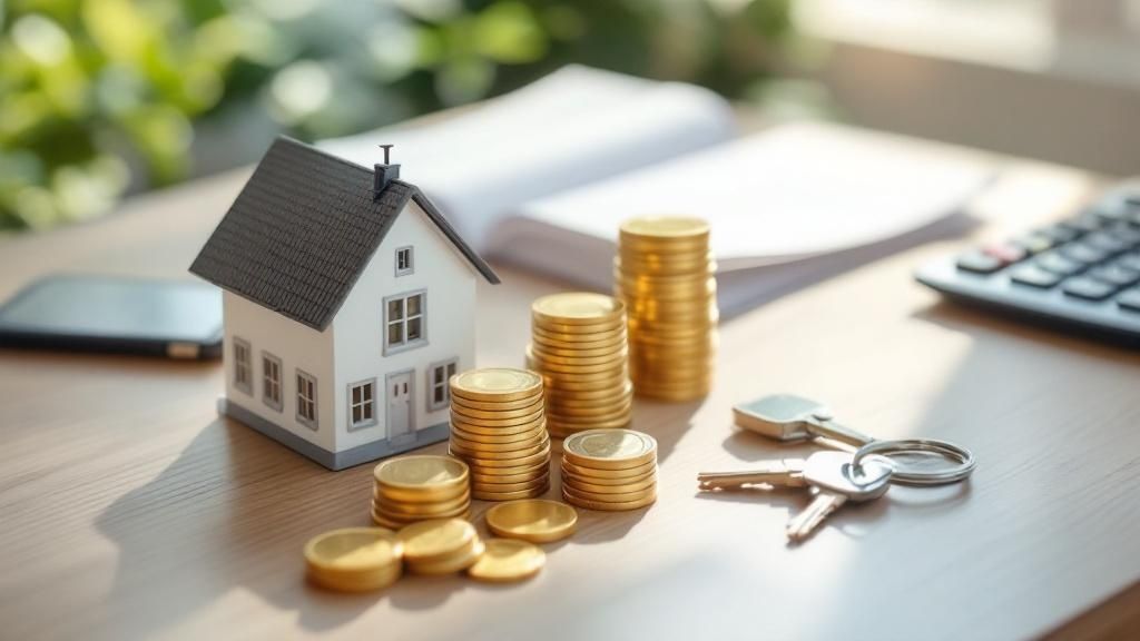 Model house with stacked coins and keys on wooden desk, symbolizing rental property tax savings