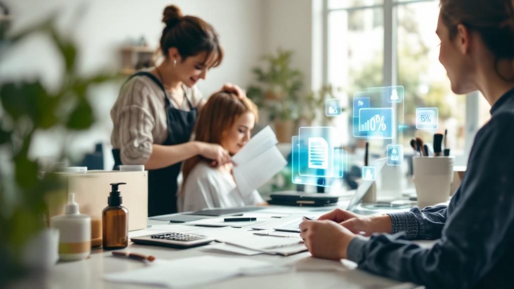 Two professionals discussing financial data with digital graphics overlay in a modern office
