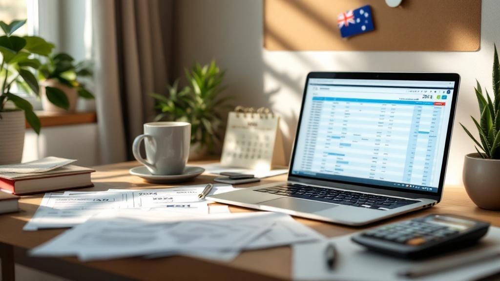 Home office desk with a laptop displaying financial spreadsheets, tax documents, and a coffee cup in natural light