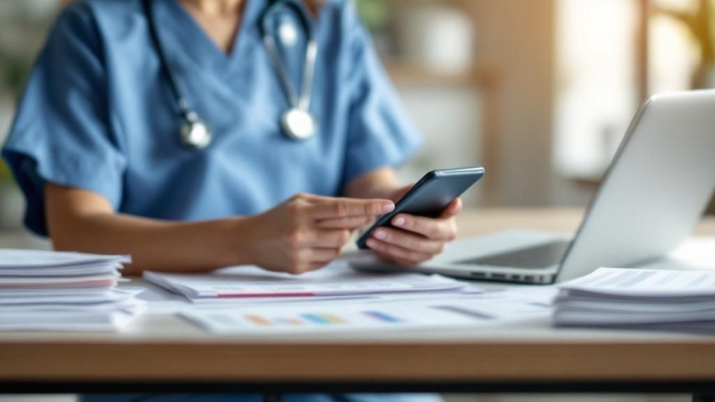 Nurse in scrubs using a smartphone while reviewing documents and working on a laptop