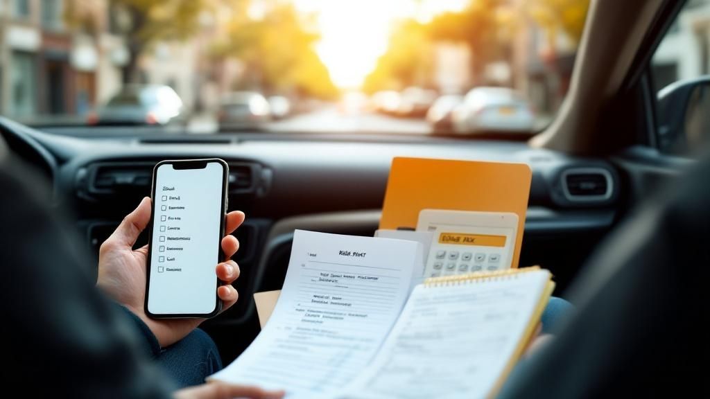 A person sitting in a car holding a smartphone, with tax documents and receipts spread out on the passenger seat during daylight.