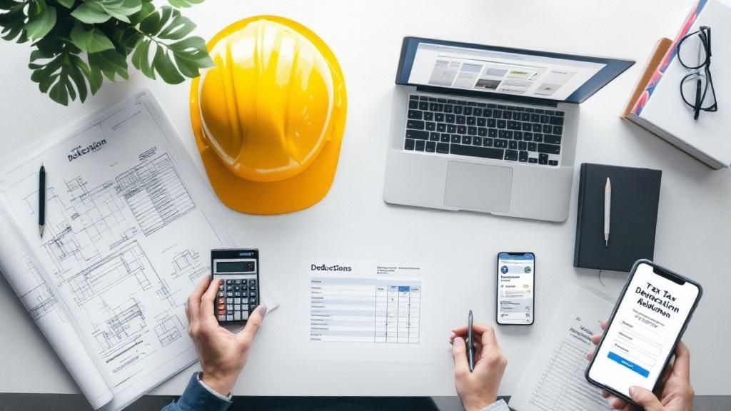Top-down view of an engineering workspace with tax documents, calculator, safety helmet, and digital devices