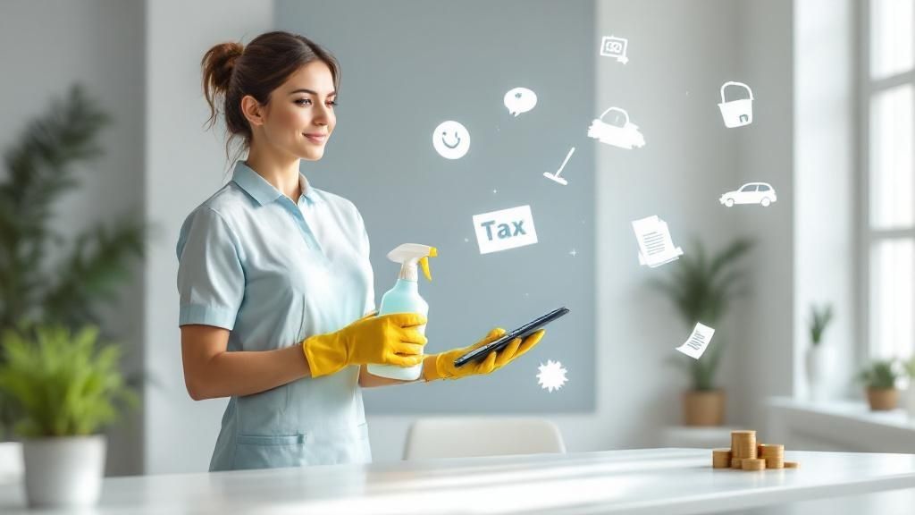 Window with floating tax-related icons representing deductions and financial planning