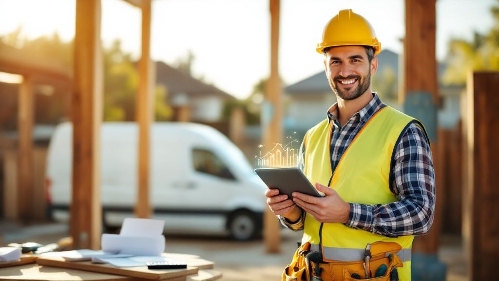 Smiling construction worker in a safety vest holding a tablet, representing Australian tradies.