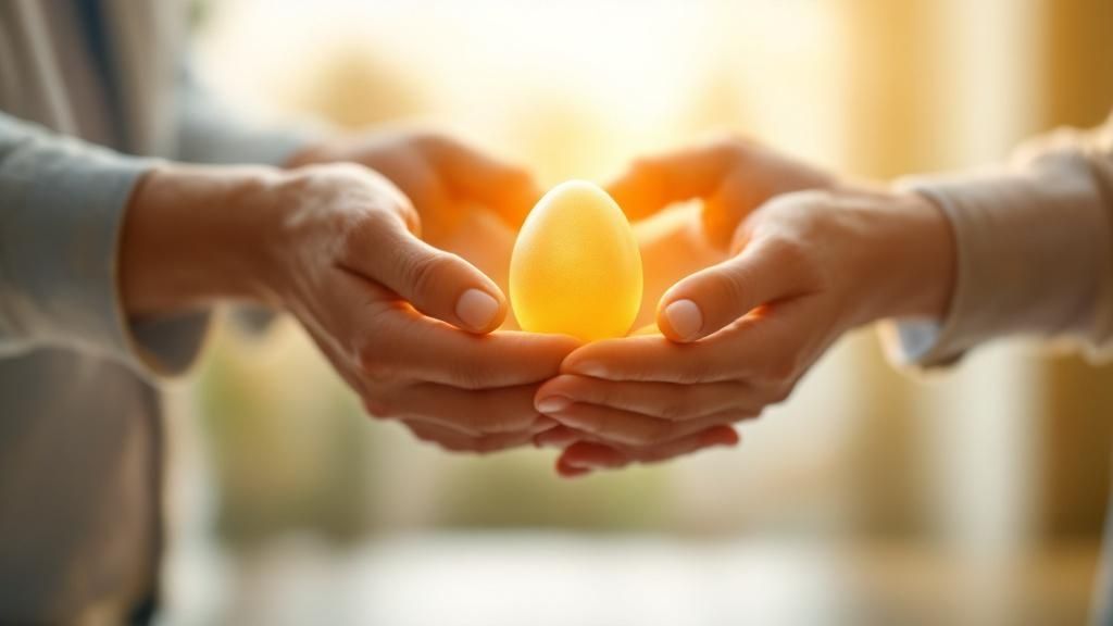 Hands passing a glowing egg symbolizing superannuation transfer.