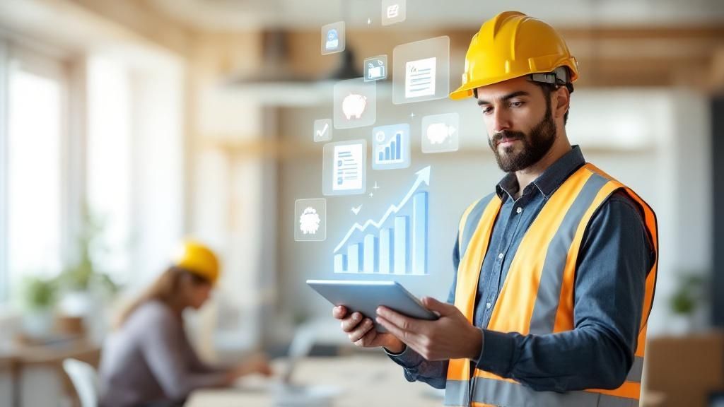 A male construction worker in safety gear using a digital tablet in an office setting