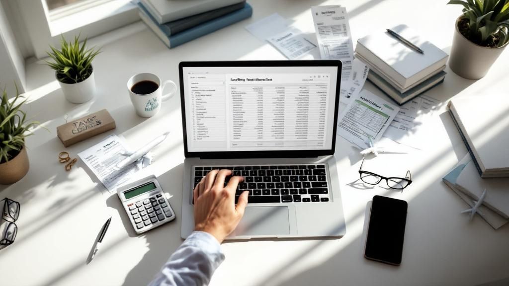 Business workspace with laptop, financial documents, and hands typing on a keyboard