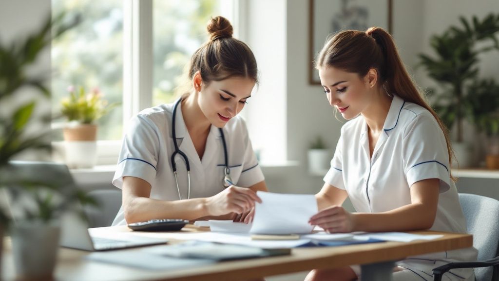 Two female healthcare professionals reviewing documents together at a desk