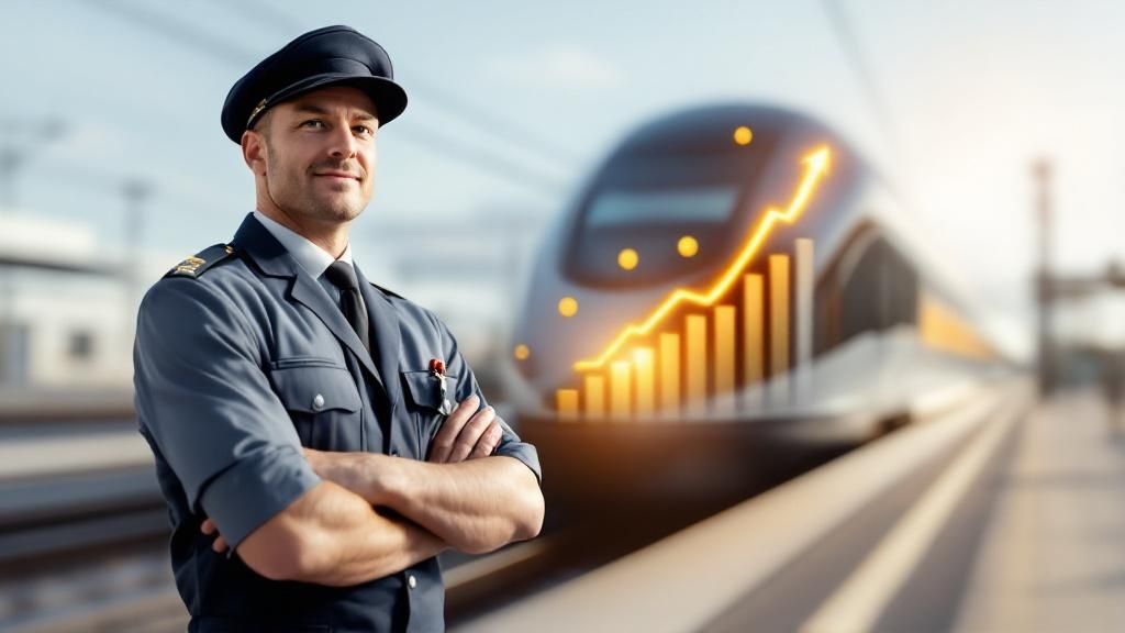 Train driver in uniform standing confidently next to a high-speed train at a station.