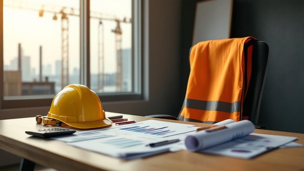 Construction safety gear including hard hat and safety vest on desk with building plans, set against a window background