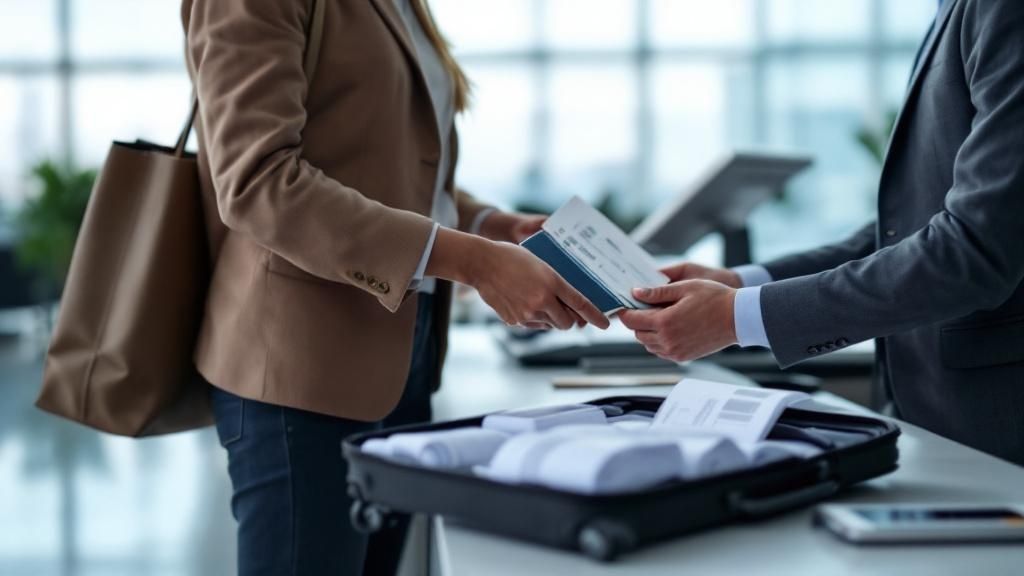 Traveler showing passport and documents at airport TRS counter