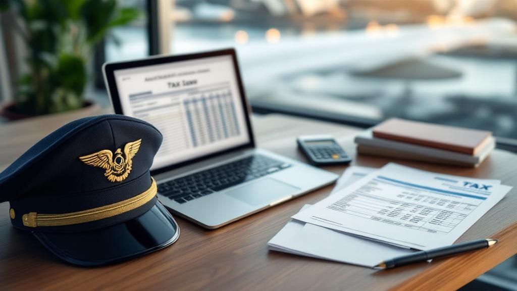 Pilot's cap, laptop, and tax documents on a desk – representing tax preparation for flight crew in Australia.