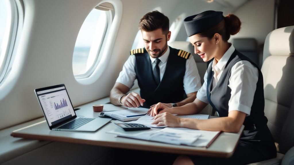 Two flight crew members in uniform reviewing tax documents on a laptop, symbolizing flight crew tax deductions in Australia.