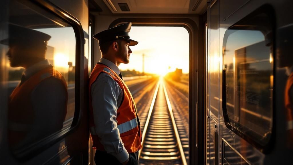 A train driver in uniform standing between train cars at sunrise, looking toward the tracks