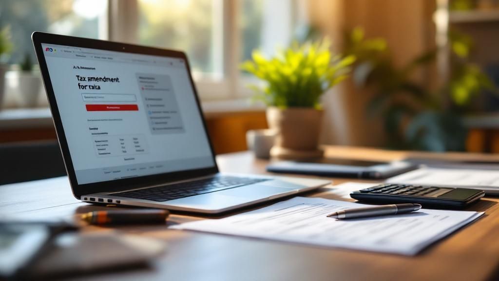 Laptop displaying a tax return form on a desk with paperwork, calculator, and coffee mug in natural daylight.