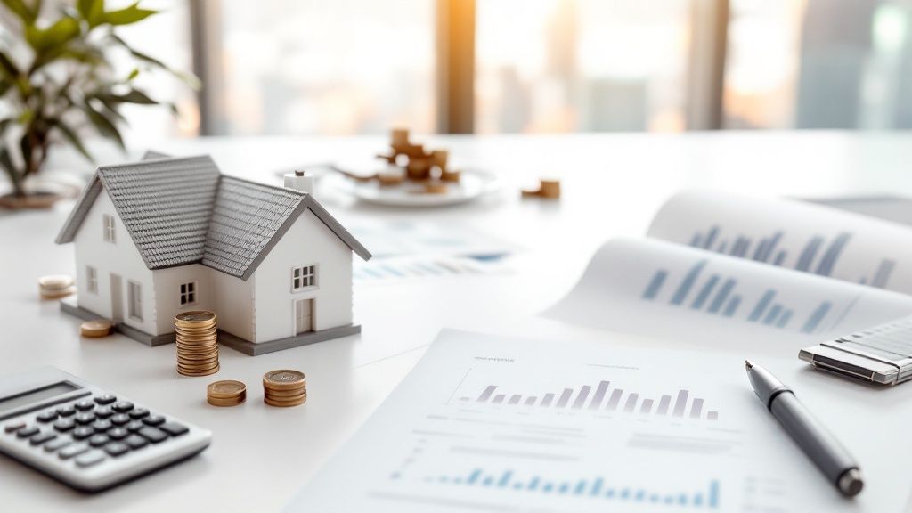 A miniature house model and coins on financial documents, symbolizing property investment and tax planning.