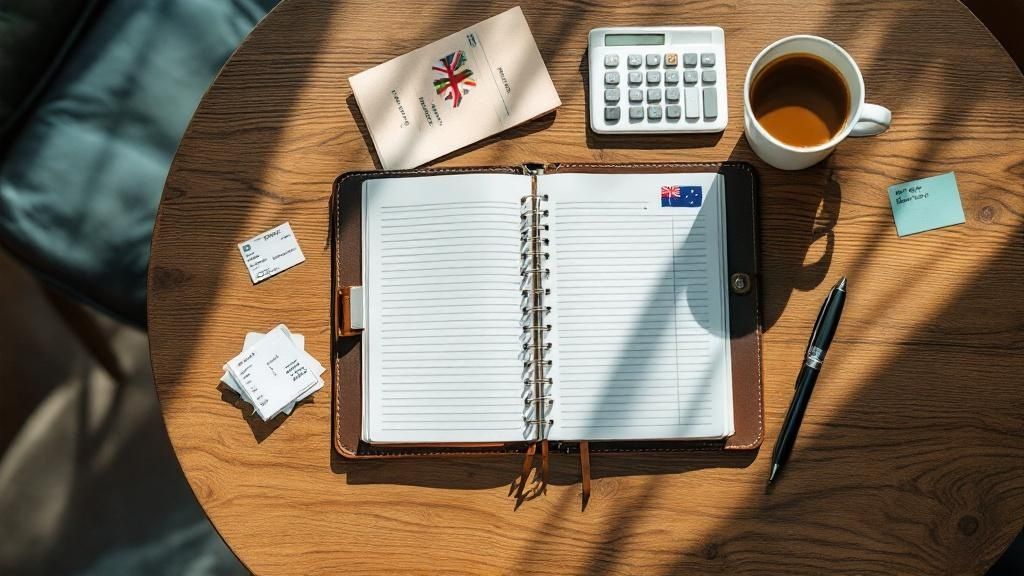  Overhead view of a blank notebook with a pen, coffee cup, and calculator on a wooden table – ideal for planning and accounting tasks