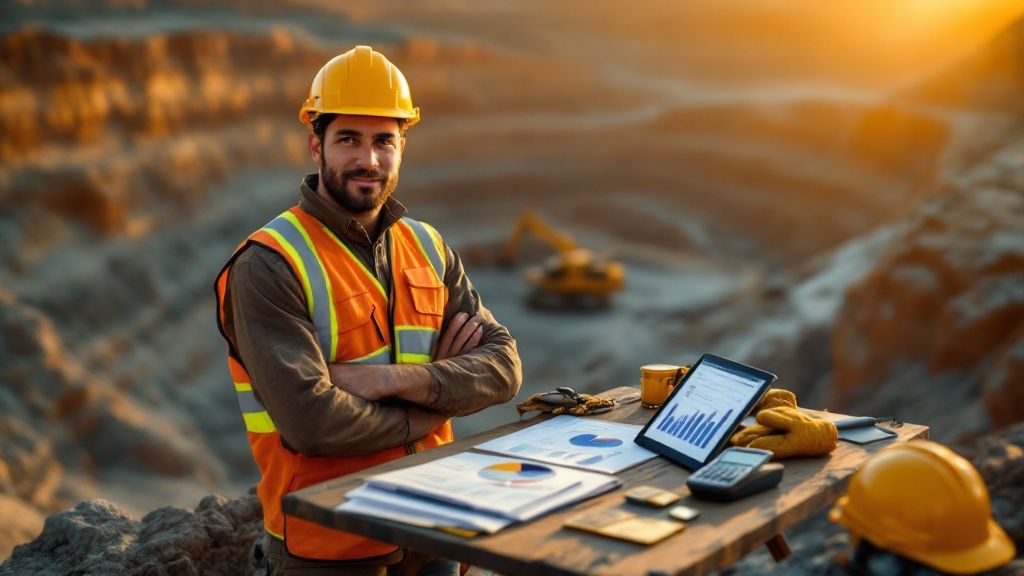 A construction worker wearing a safety helmet and vest, working with documents and a laptop at a mining site.