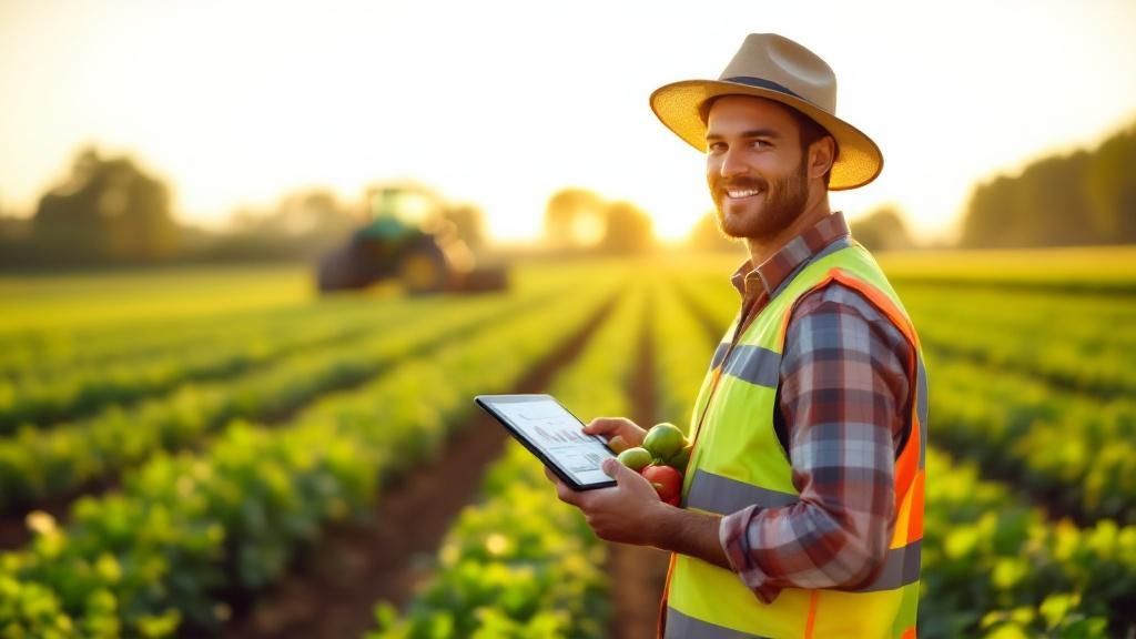 Smiling farmer holding tablet in a field with tractor in the background