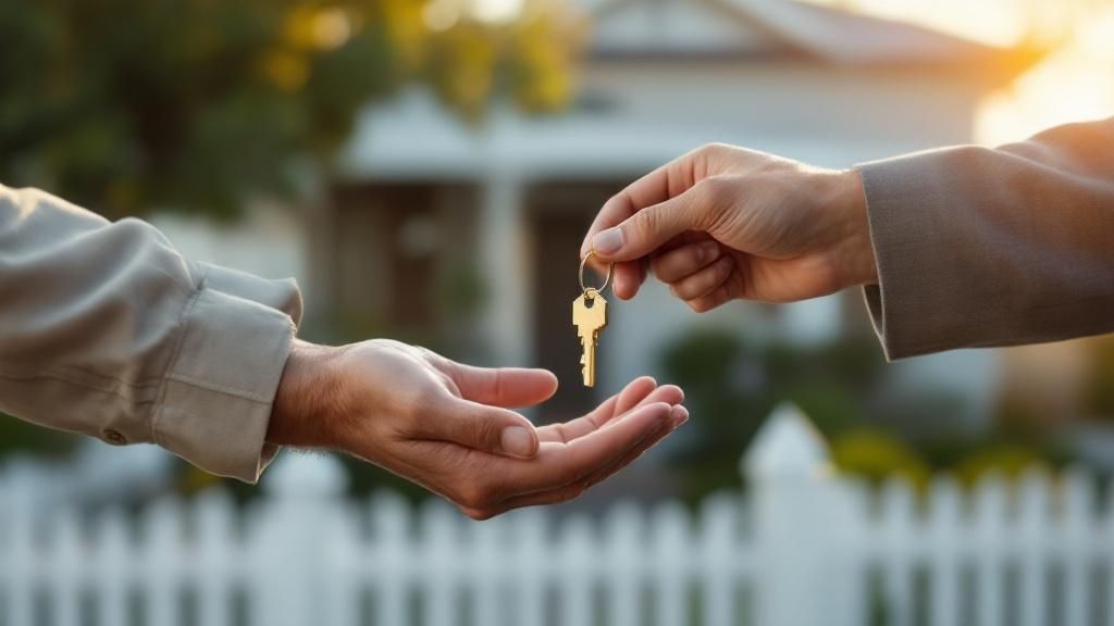 A symbolic handover of a house key, representing the inheritance of property in Australia.