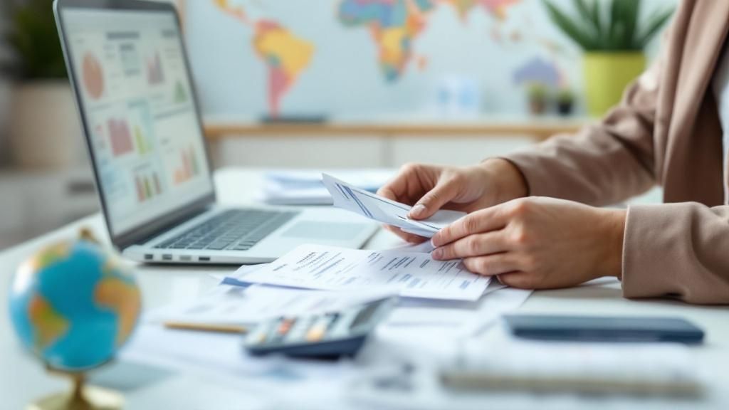 Person working on financial documents with a laptop in an office setting
