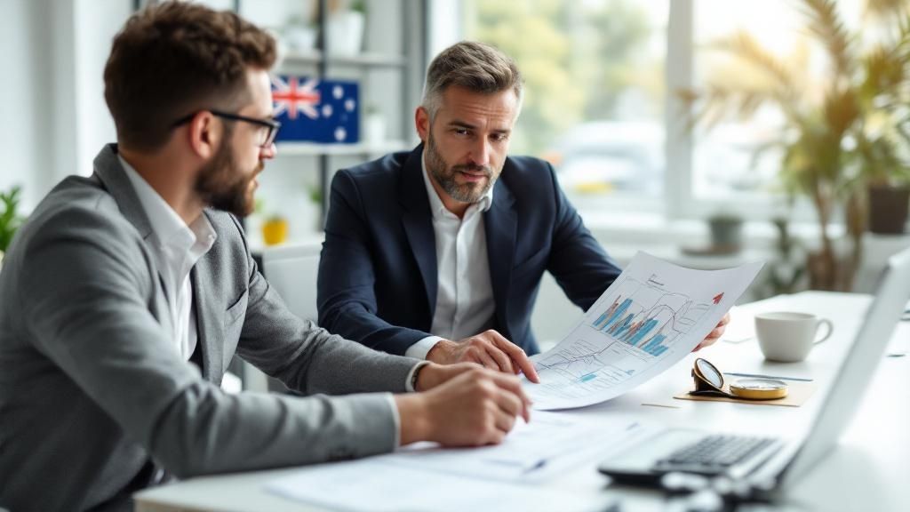 Two financial professionals analyzing reports in a modern office setting