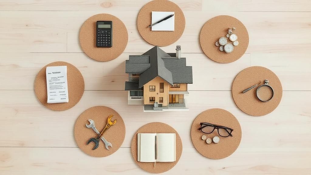 Miniature house and financial planning tools on cork background