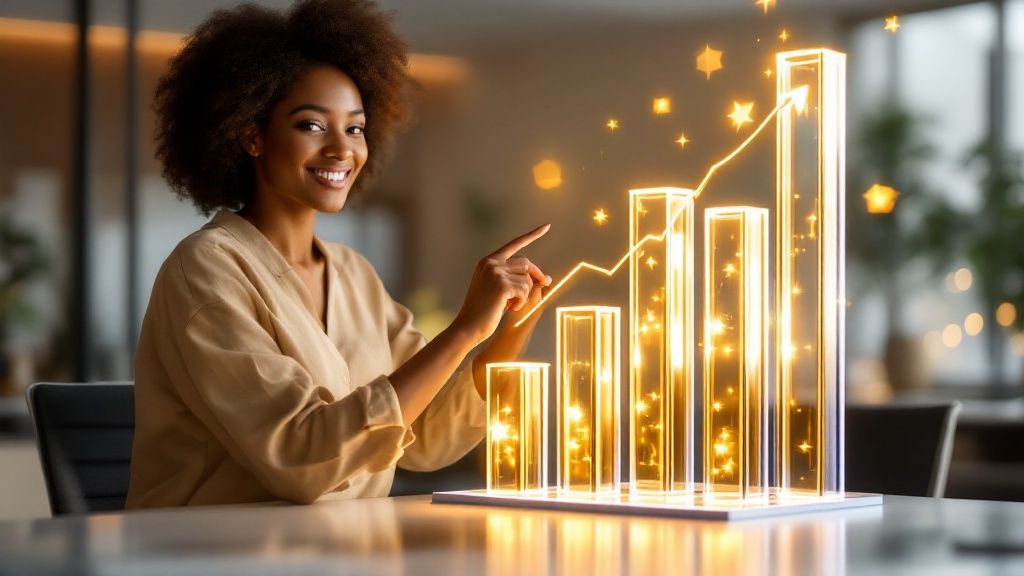Smiling businesswoman interacting with virtual stock growth graphics on a laptop screen