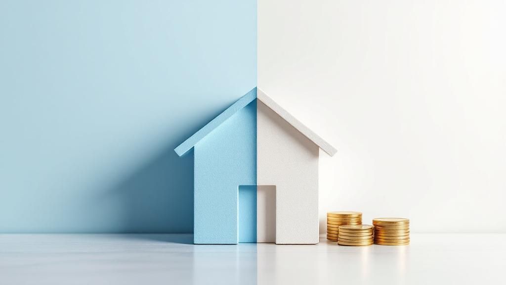 A miniature house placed on a dual-colored blue and white background, next to stacked coins