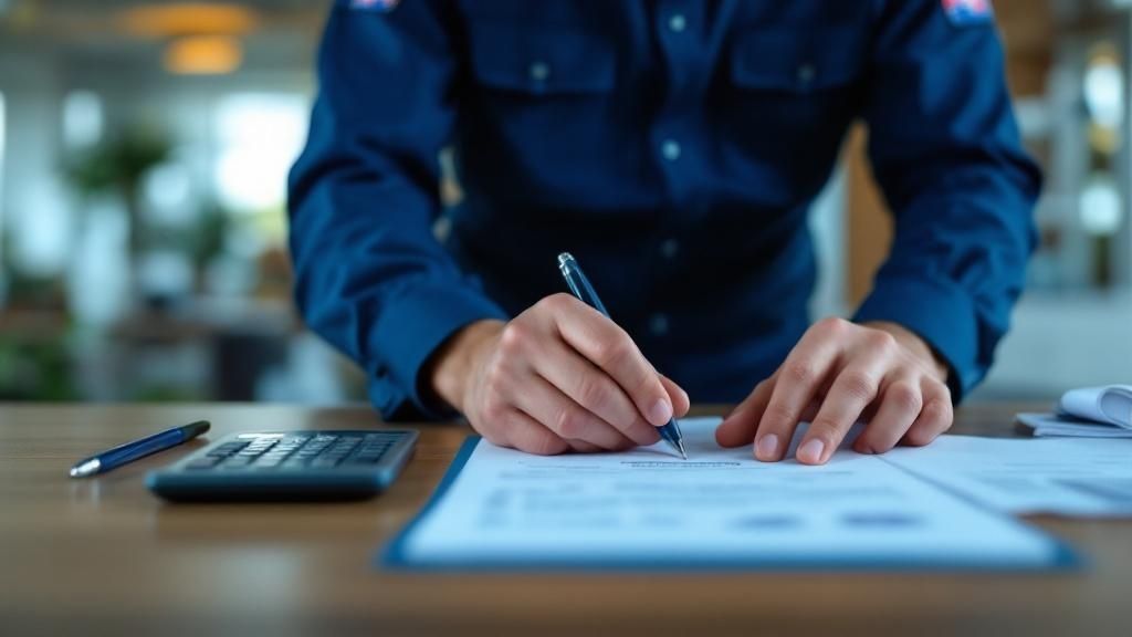 Close-up of a person in uniform filling out tax documents at a desk.