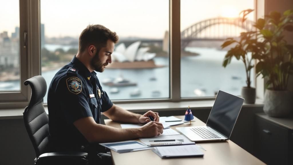 Police officer sitting at a desk using a laptop with Sydney Harbour Bridge visible in the background.