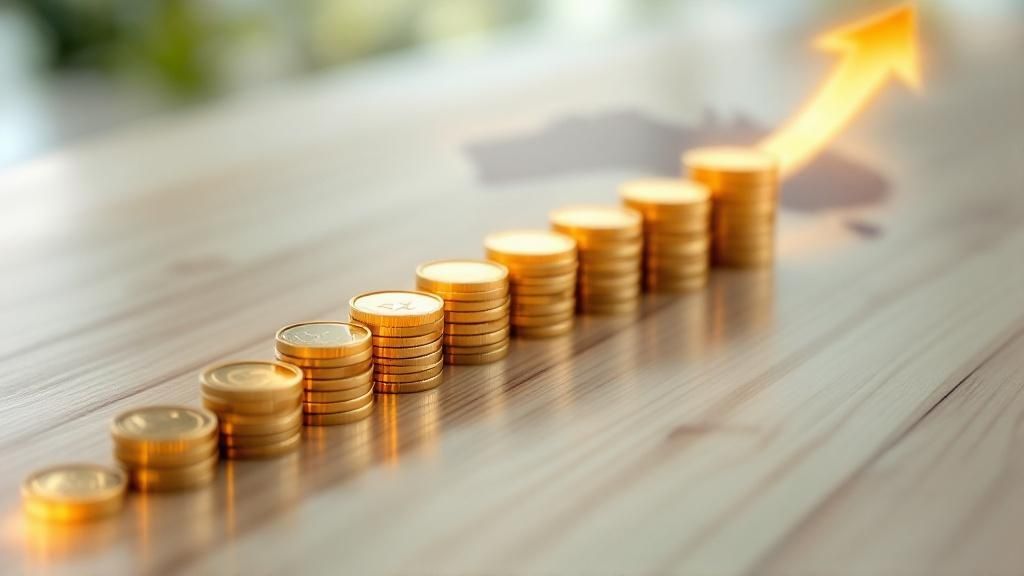 Stacks of gold coins arranged in increasing height on a wooden table, symbolising growing income and tax thresholds.