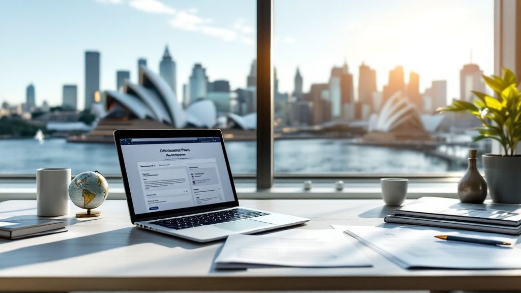 A laptop on a desk in front of a window with a city skyline in the background.