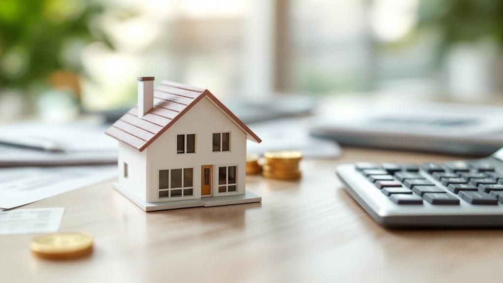 Small model house next to a calculator and coins on a wooden desk, symbolizing property investment and tax planning