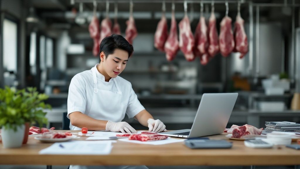 A man working on a laptop at a meat processing facility