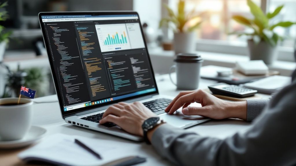 A person working on a laptop with financial charts on the screen, representing tax and IT-related work.